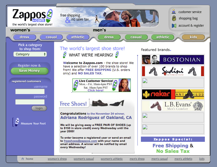 Eine frühe Version der Zappos Website